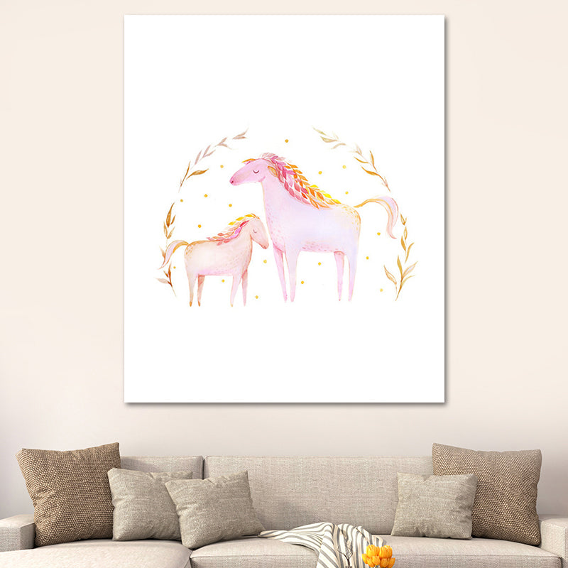 Romantic Horses Canvas Wall Art for Baby Room Animal Paintings for Home Decor in Pink