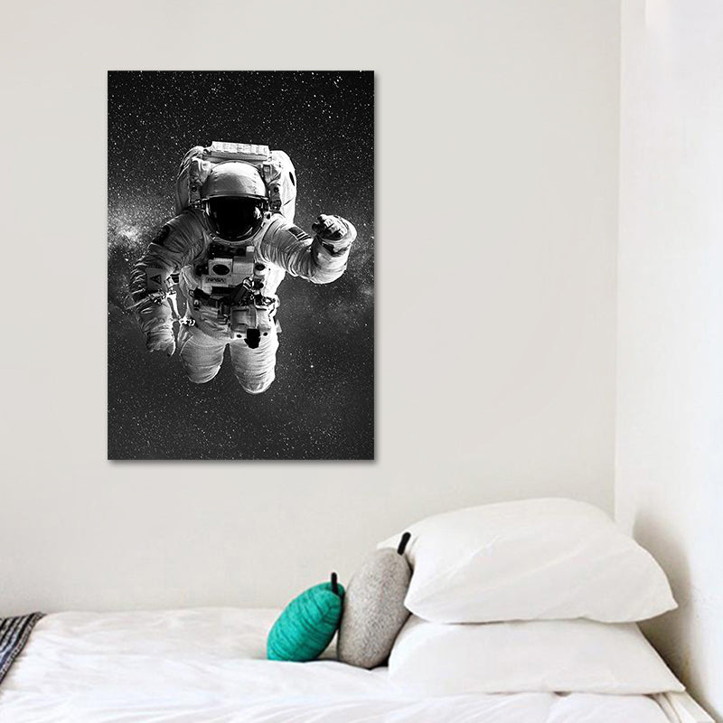 Black Spaceman and Moon Art Print Astronomy Kids Textured Wall Decor for Bedroom