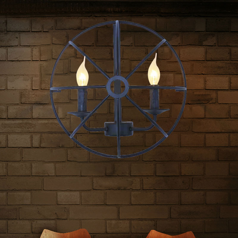 Circle Caged Iron Wall Lighting with Candle Design Industrial 2/3 Lights Dining Room Wall Sconce Light in Black