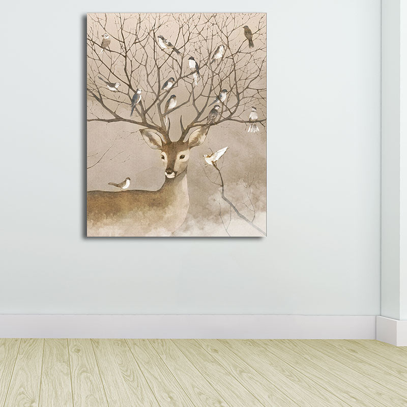 Brown Stag and Bird Painting Canvas Textured Farmhouse Living Room Wall Art