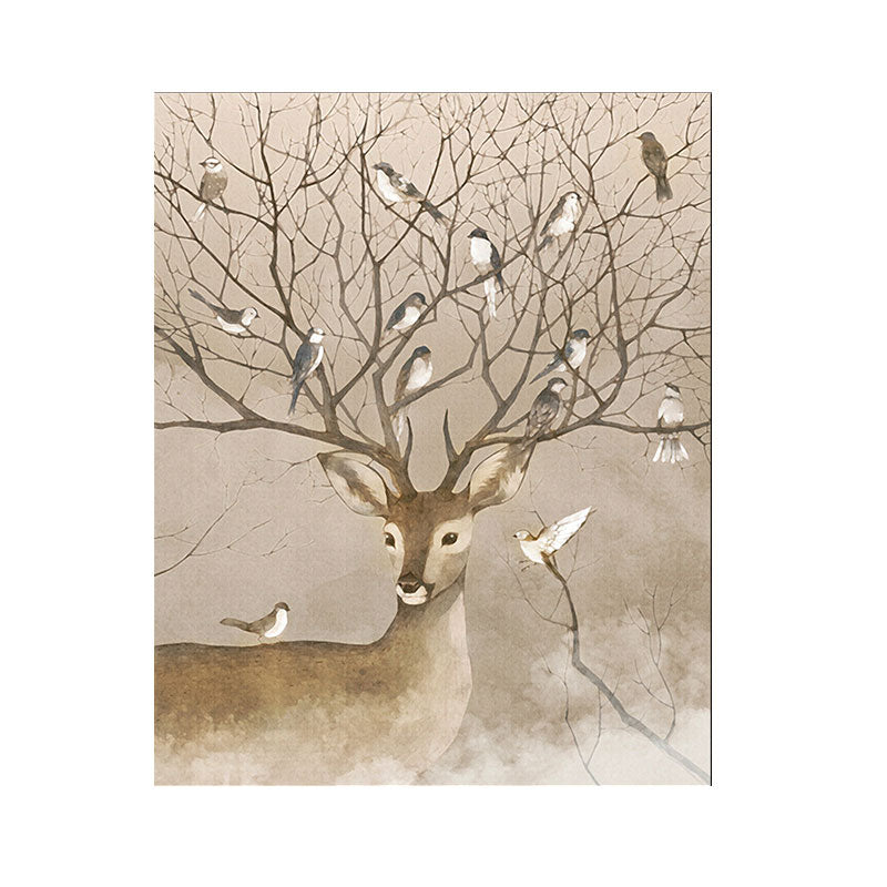 Brown Stag and Bird Painting Canvas Textured Farmhouse Living Room Wall Art