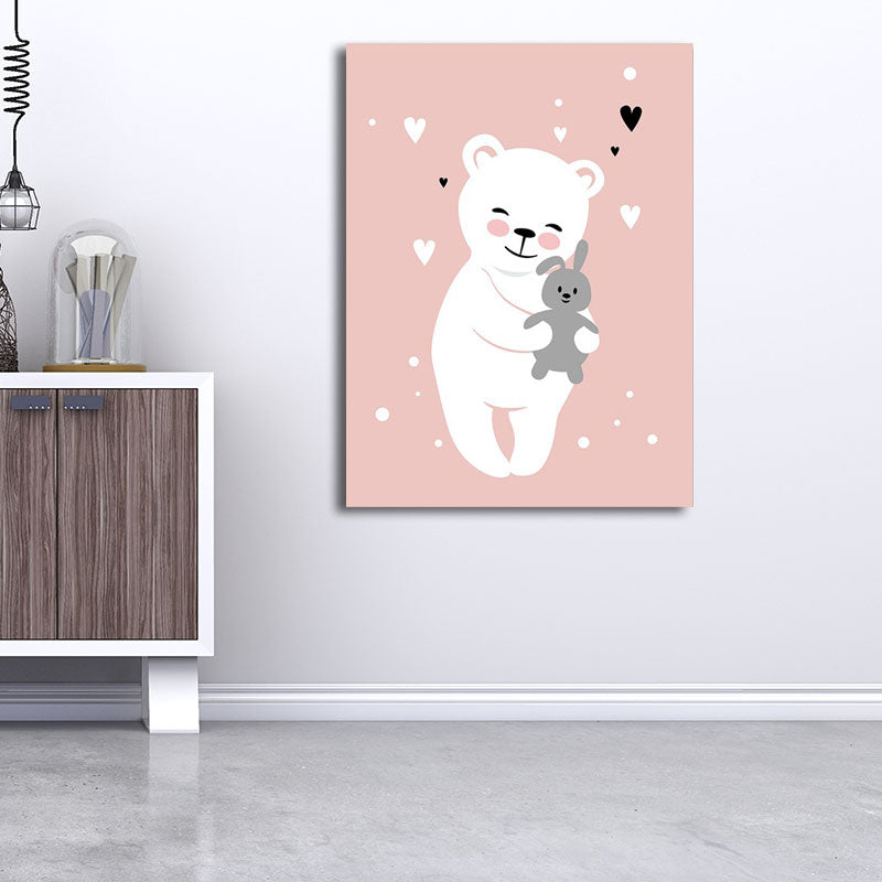 Pink Bear and Rabbit Canvas Animal Cartoon Decorative Wall Art Print for Kids Room