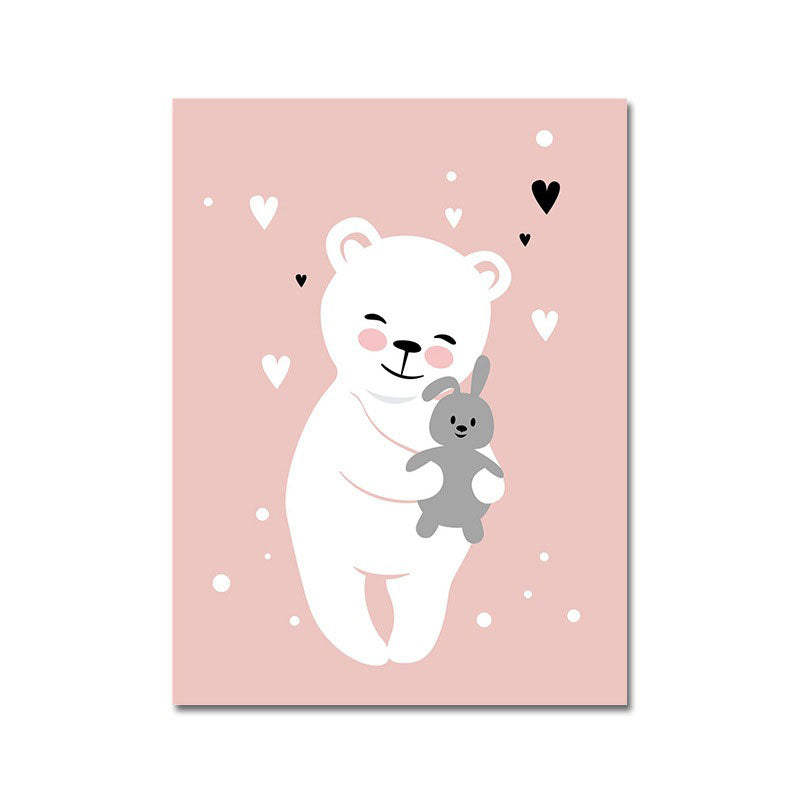 Pink Bear and Rabbit Canvas Animal Cartoon Decorative Wall Art Print for Kids Room