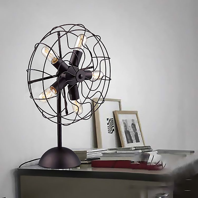 5 Bulbs Fan Design Table Lamp with Cage Shade Farmhouse Style Black Finish Metallic Table Light for Bedroom