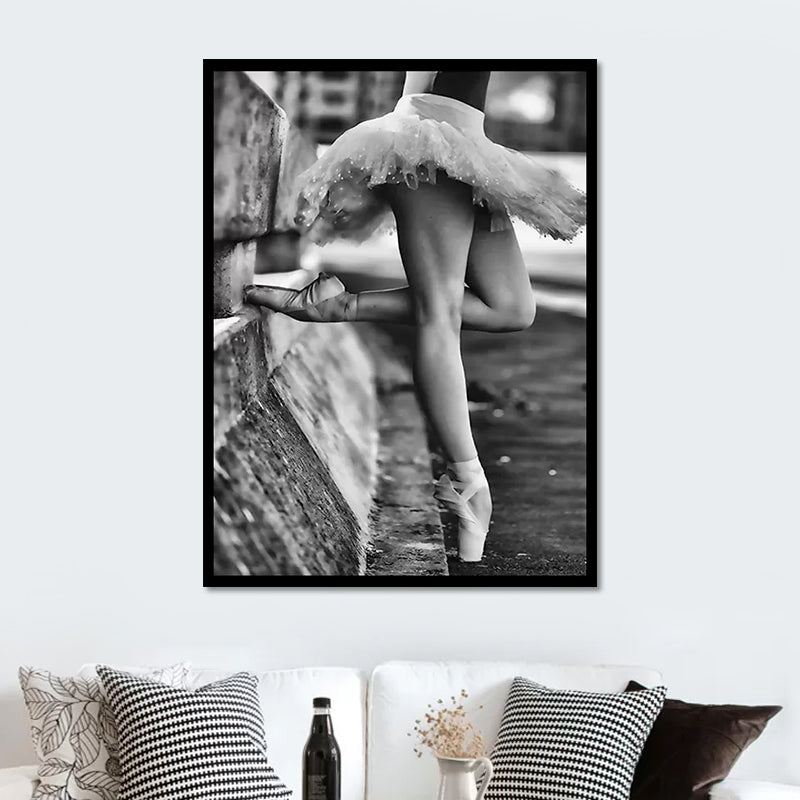 Retro Photo Ballerina Practising Canvas Art Grey Girls Bedroom Wall Decor, Textured