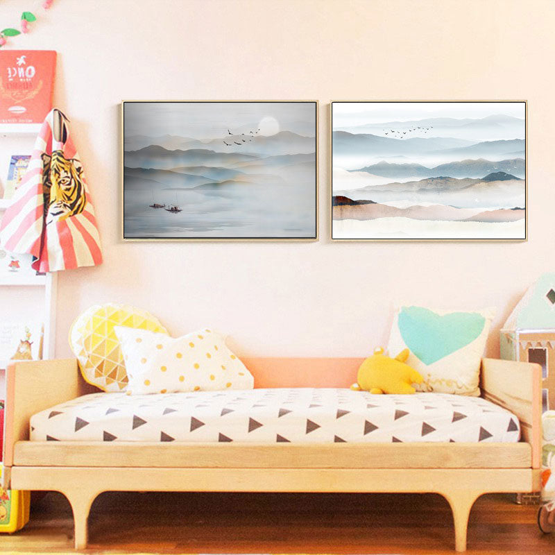 Chinese Foggy Mountains Wall Art Light Color Textured Canvas Painting for Bedroom