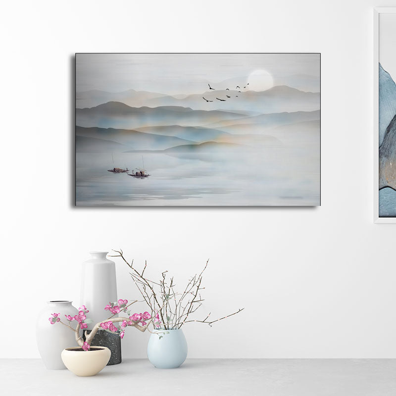 Chinese Foggy Mountains Wall Art Light Color Textured Canvas Painting for Bedroom