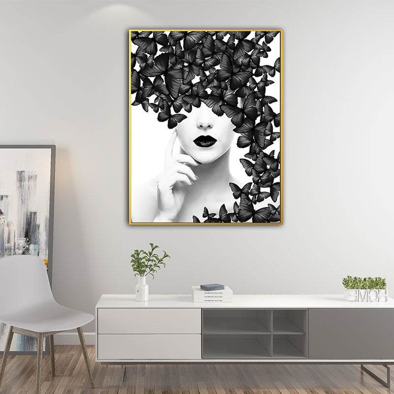 Woman Face and Butterflies Canvas Print Glam Textured House Interior Wall Art Decor