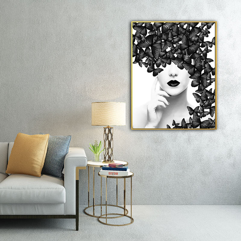 Woman Face and Butterflies Canvas Print Glam Textured House Interior Wall Art Decor