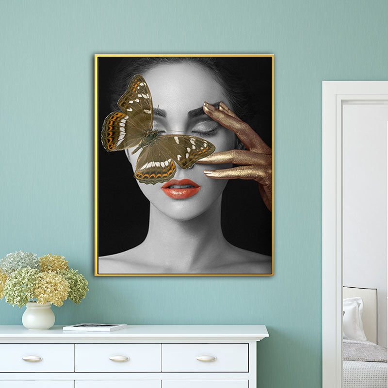Woman Face and Butterflies Canvas Print Glam Textured House Interior Wall Art Decor