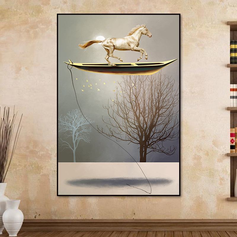 Rustic Moon Night Art Print Pastel Color Animal Standing on the Floating Boat Wall Decor