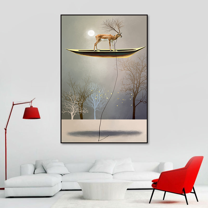 Rustic Moon Night Art Print Pastel Color Animal Standing on the Floating Boat Wall Decor