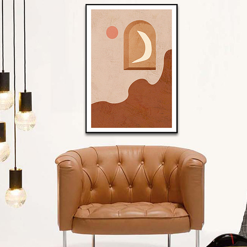Canvas Brown Wall Art Print Scandinavian Moon on the Panel and Sun Painting for Home Decor