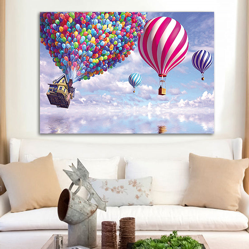 Purple Hot Air Balloon Painting Textured Children's Art Wrapped Canvas for Living Room