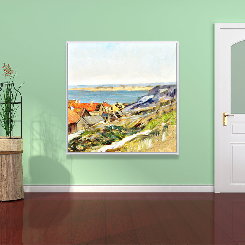 Oil Painting Rustic Canvas Wall Art with Houses on the River Scenery, Yellow-Orange