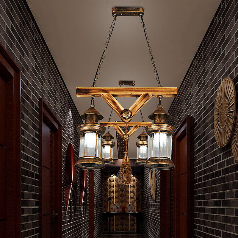 Aged Bronze 4-Light Island Light Fixture Coastal Prismatic Glass Lantern Pendant Lighting