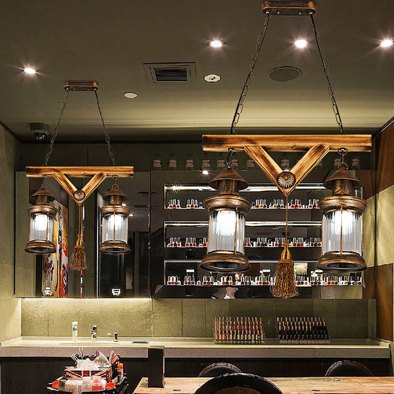 Aged Bronze 4-Light Island Light Fixture Coastal Prismatic Glass Lantern Pendant Lighting