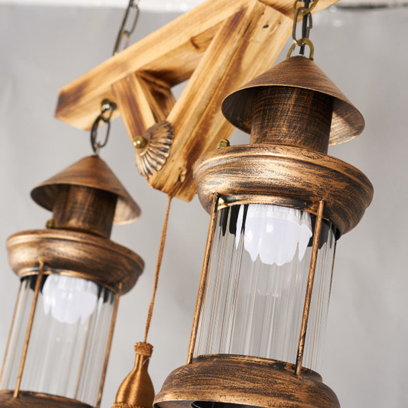 Aged Bronze 4-Light Island Light Fixture Coastal Prismatic Glass Lantern Pendant Lighting