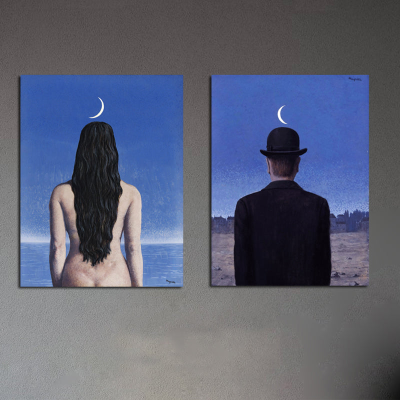 Surrealismus-Leinwandkunst, dunkle Farbe, Magritte-Figur auf der Rückseite, Gemälde, Wanddekoration für Schlafzimmer