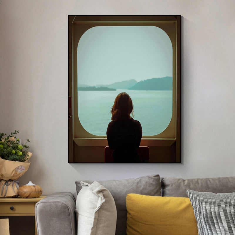 Black Contemporary Canvas Print Back View of Girl Standing Near Window Wall Decor for Bedroom