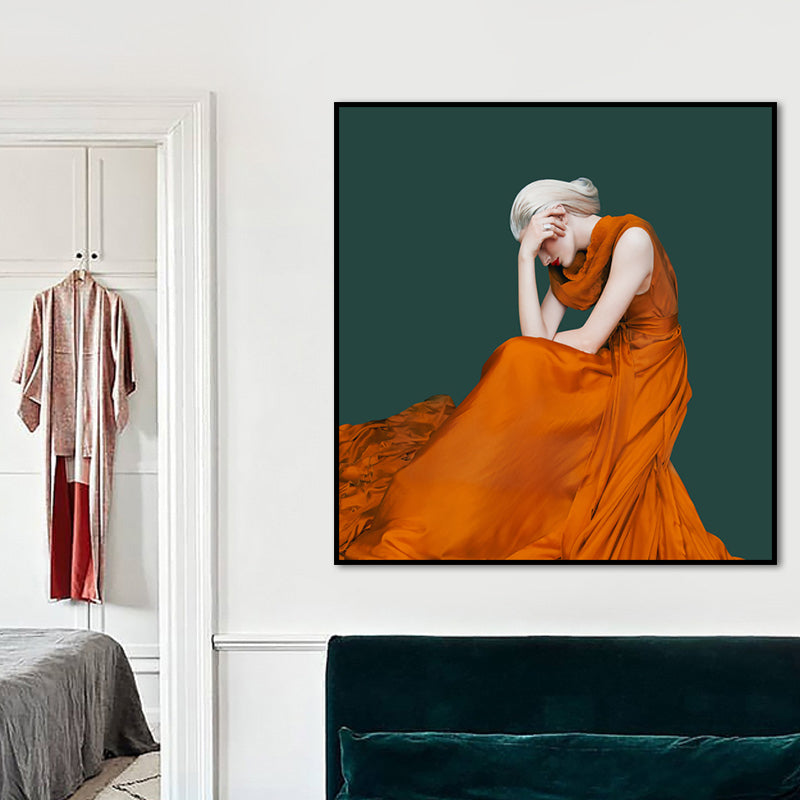 Eigentijdse dame vierkante canvas print donkere kleur decoratieve muurkunst voor woonkamer