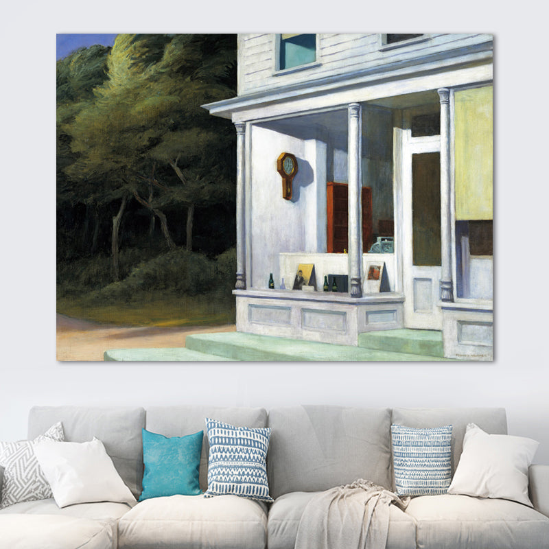 Building and Trees Painting in Light Color Traditional Style Wall Art for Playroom