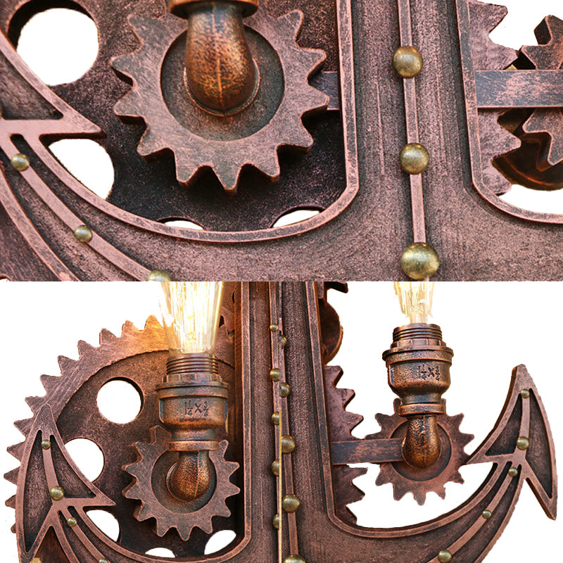 2 Bulbs Anchor Wall Mount Light with Gear Deco Antique Style Aged Brass/Rust Wrought Iron Sconce Lamp for Restaurant