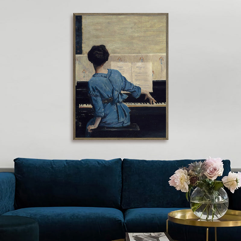 Gemälde „Sitzendes Mädchen und Klavier“ im Vintage-Stil, strukturierte Leinwand-Wanddekoration in Blau