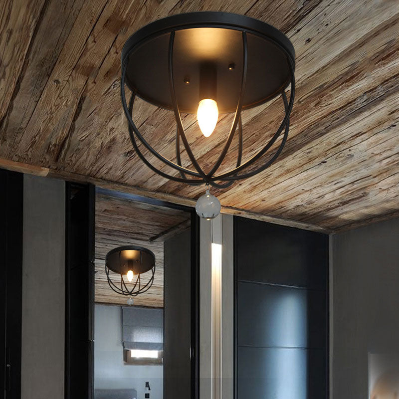 1/4/5-Head Wire Cage Flush Ceiling Light with Clear Crystal Ball Retro Black Metallic Flush Mount Light