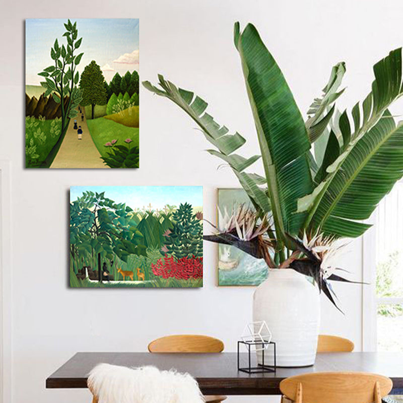 Green Wooded Pathway Wall Art Scenery Kids Style Textured Canvas Print for Nursery