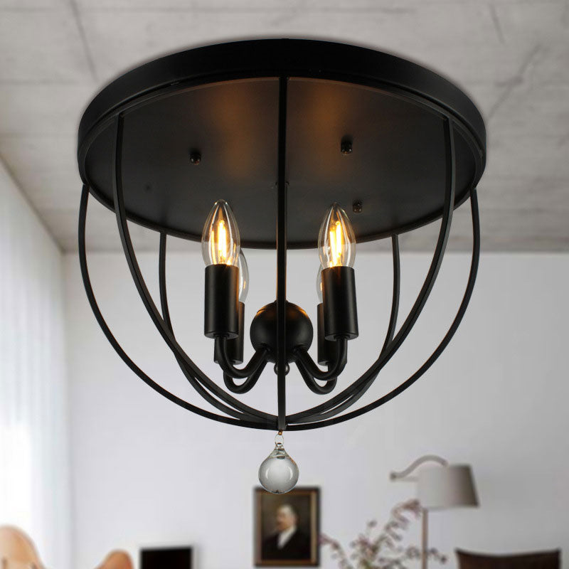 1/4/5-Head Wire Cage Flush Ceiling Light with Clear Crystal Ball Retro Black Metallic Flush Mount Light