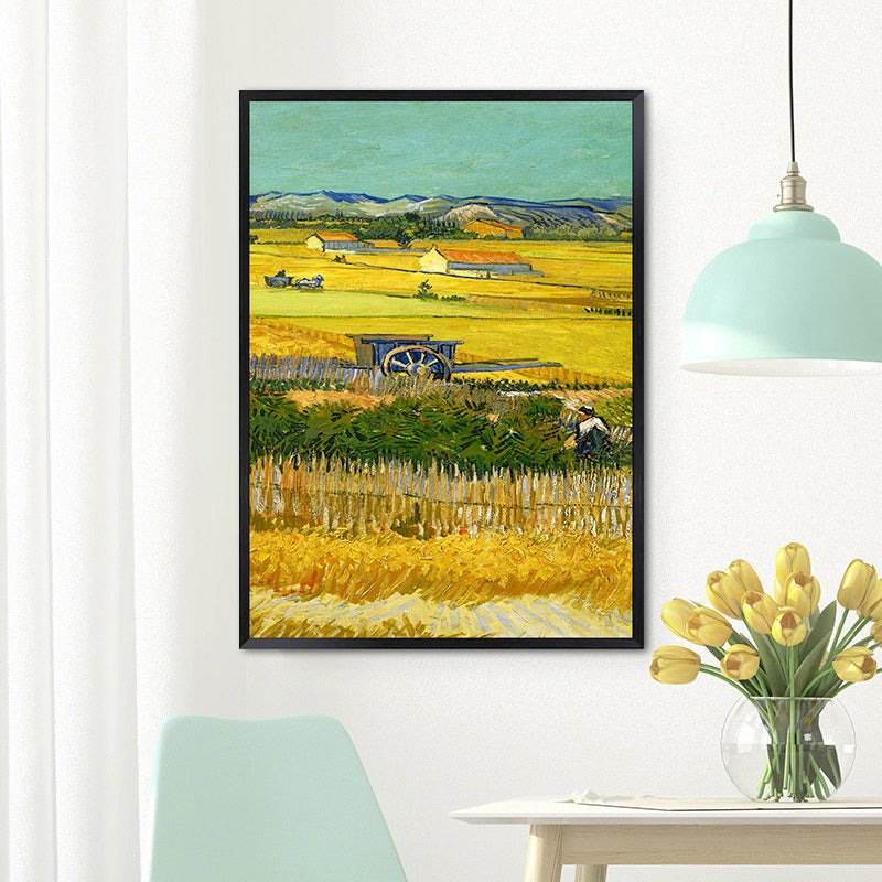 Poetic Wheat Field Painting for Home Van Gogh Artwork Wrapped Canvas in Green, Textured