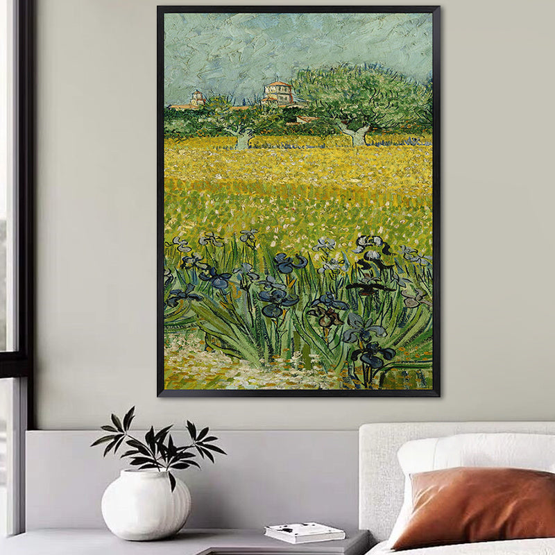 Poetic Wheat Field Painting for Home Van Gogh Artwork Wrapped Canvas in Green, Textured