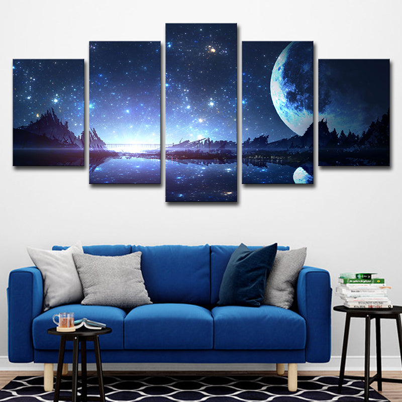 Kids Style Canvas Blue Starry Night and Forest Wall Decor, Multiple Sizes Options