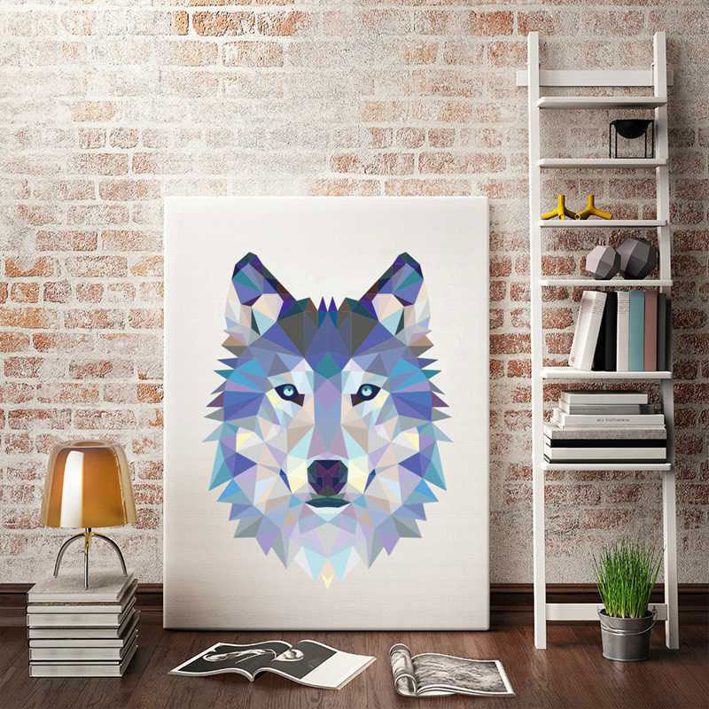 Wolf Wrapped Canvas Mediterranean Textured Wall Art Prints in Blue for Study Room