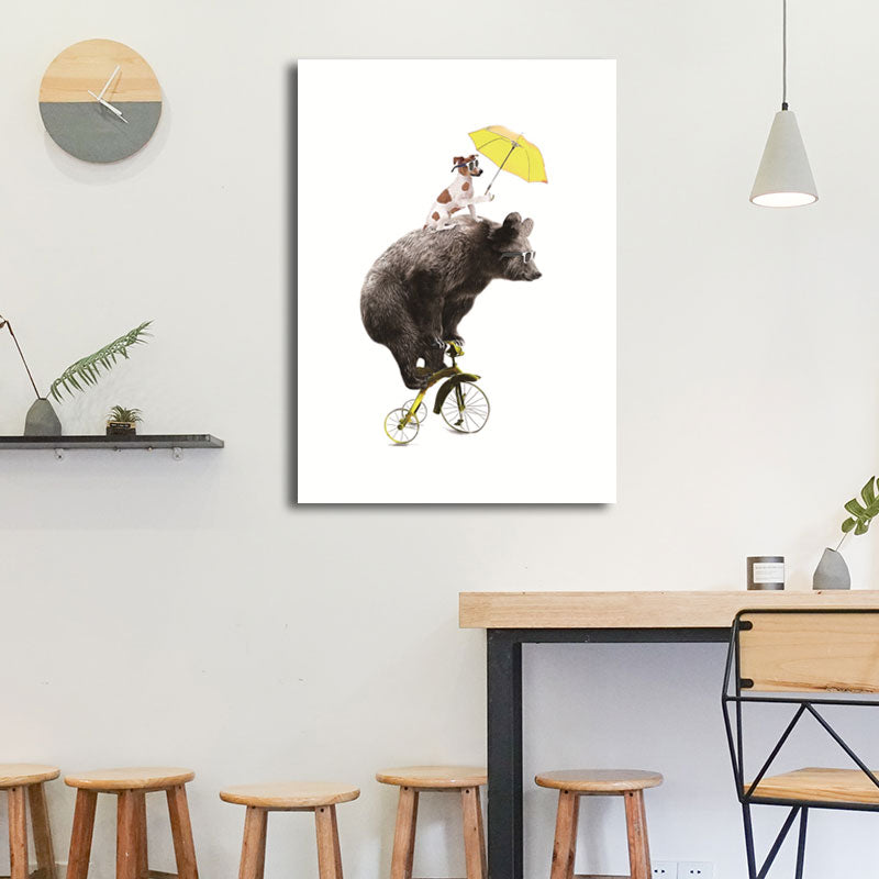 Contemporary Dog and Bear Wall Art Brown Decorative Wrapped Canvas for Living Room