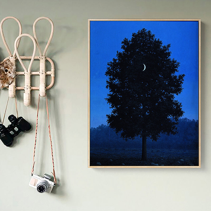 Crescent and Tree Wall Art Farmhouse Surreal Night Scene Canvas Print in Dark Color