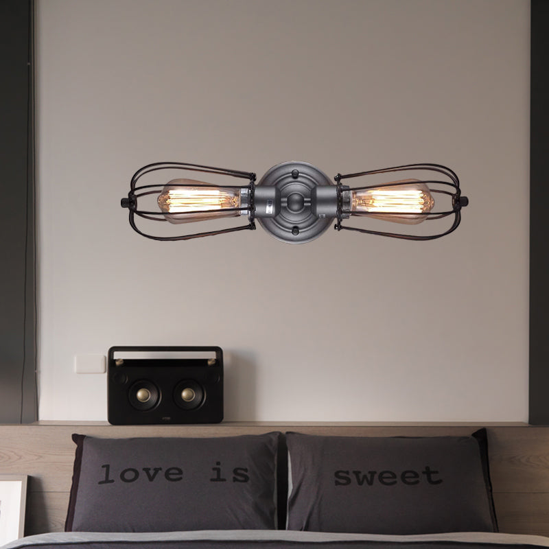 Luz de montaje de pared con forma de bombilla de metal con sombra jaula de jaula industrial 1/2 luces de pared de restaurante en negro/níquel