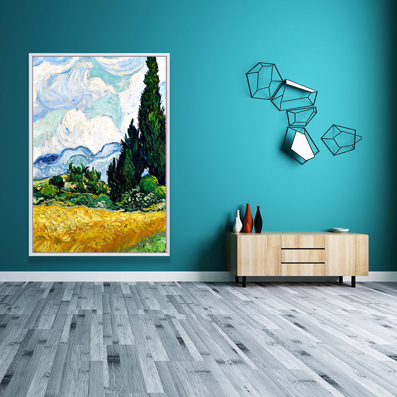 Farmhouse Autumn Wheat Field Painting Green-Yellow Van Gogh Wall Art for Home