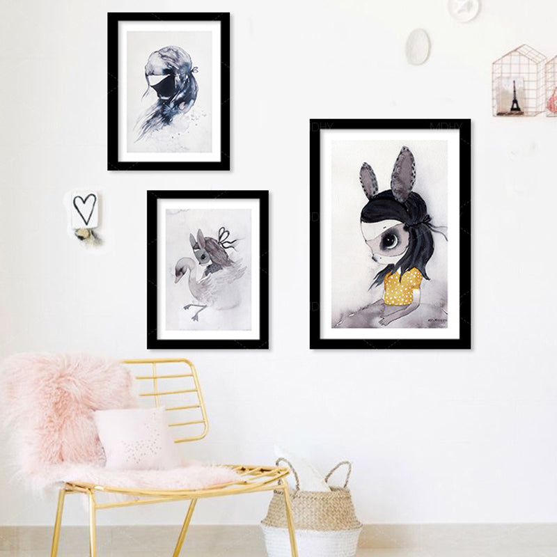 Black Cartoon Canvas Art Bunny Girl Painting Wall Decor for Girls Bedroom, Textured