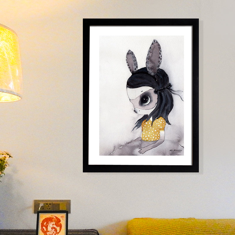Black Cartoon Canvas Art Bunny Girl Painting Wall Decor for Girls Bedroom, Textured