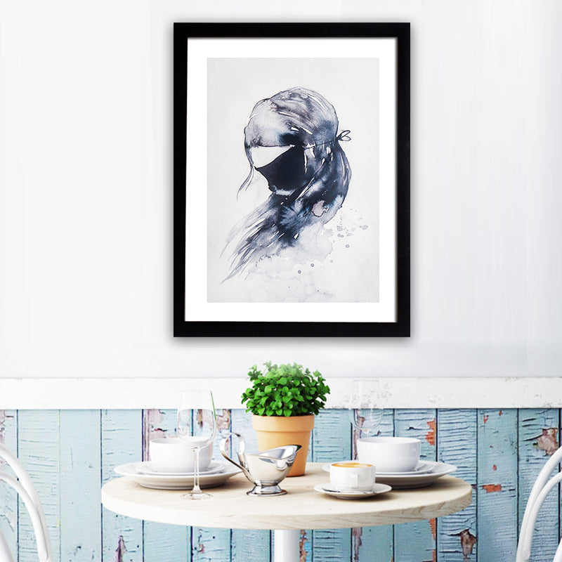 Black Cartoon Canvas Art Bunny Girl Painting Wall Decor for Girls Bedroom, Textured