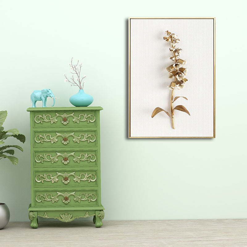 Flower Branch Wall Art Print Gold and White Canvas Wall Decor for Bedroom, Textured