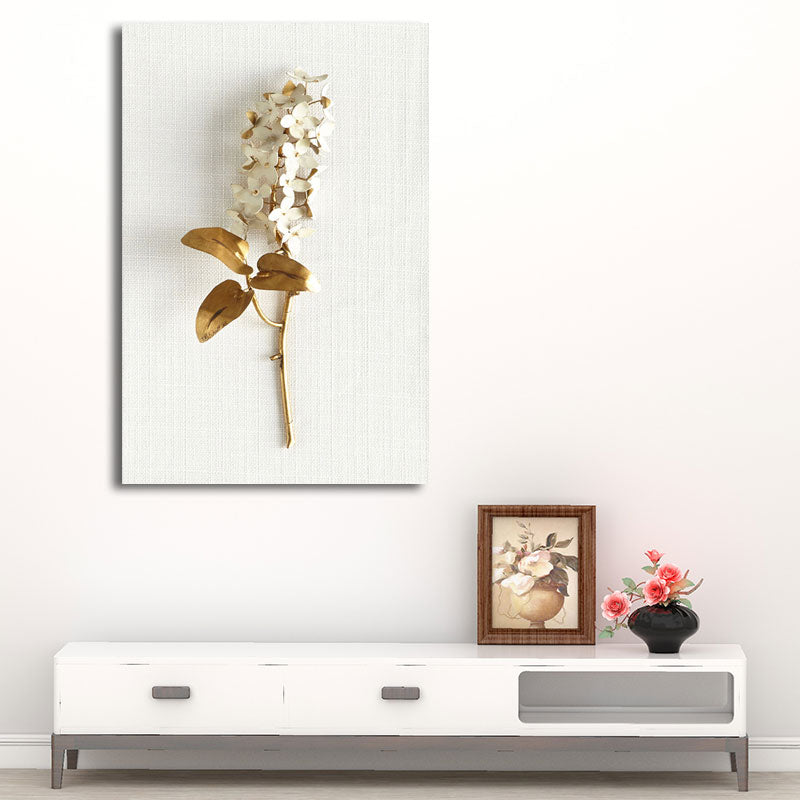 Flower Branch Wall Art Print Gold and White Canvas Wall Decor for Bedroom, Textured