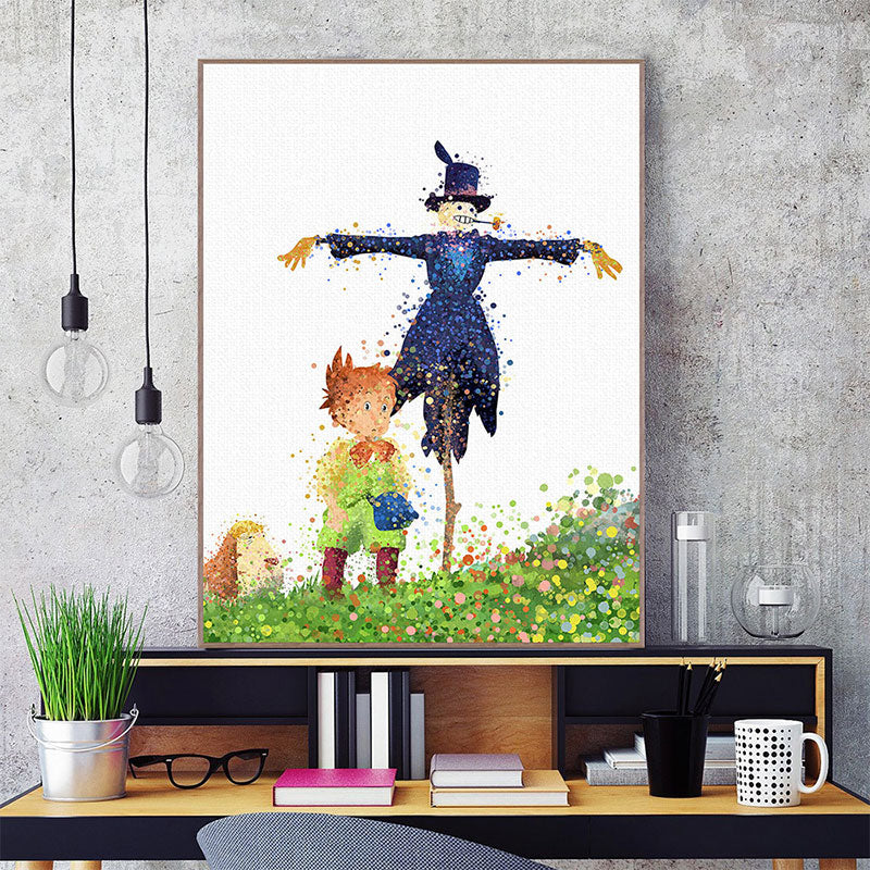 Boy and Strawman Wall Decor Childrens Art Textured Kids Bedroom Canvas Print in Green