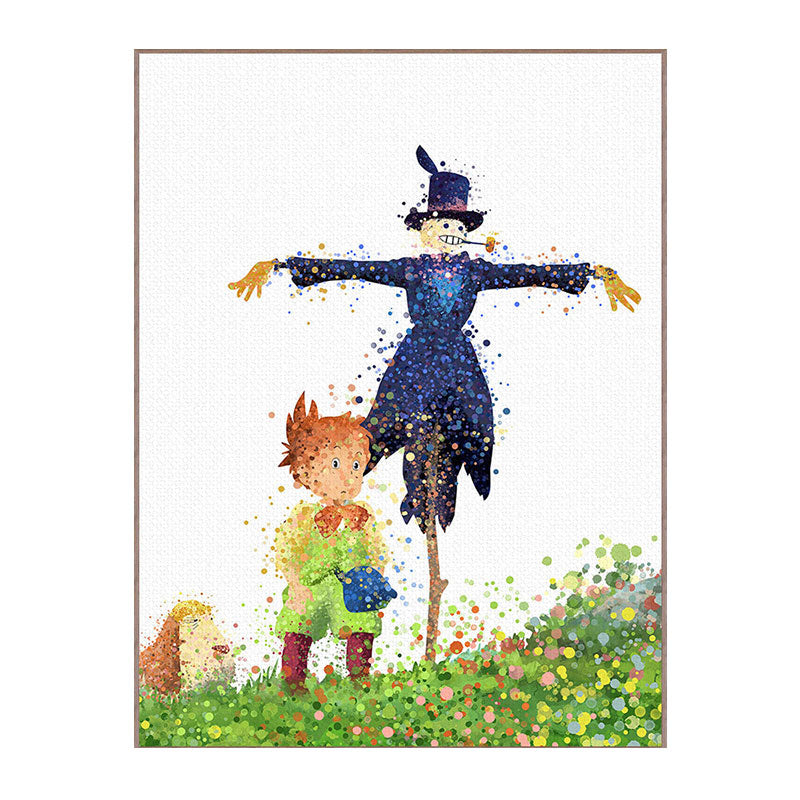 Boy and Strawman Wall Decor Childrens Art Textured Kids Bedroom Canvas Print in Green