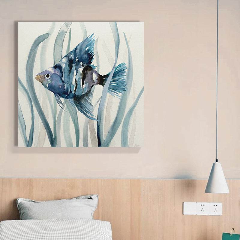 Tropical Fish Wall Art Print Canvas Textured Surface Blue Wall Decor for Kids Room