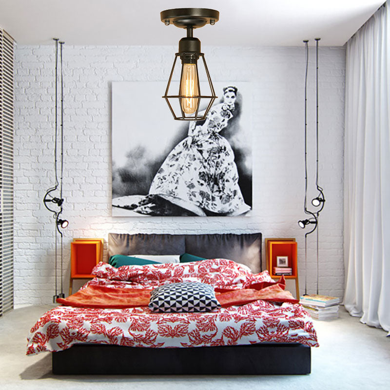 Luce semifulina in gabbia aperta nera Iron industriale in stile industriale 1 Lumo Lumo da soffitto montato