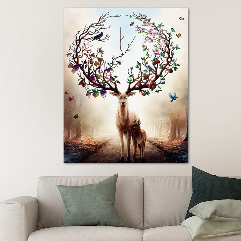 Elk Canvas Print Mediterranean Textured Wall Art Decor in Brown for Children Bedroom