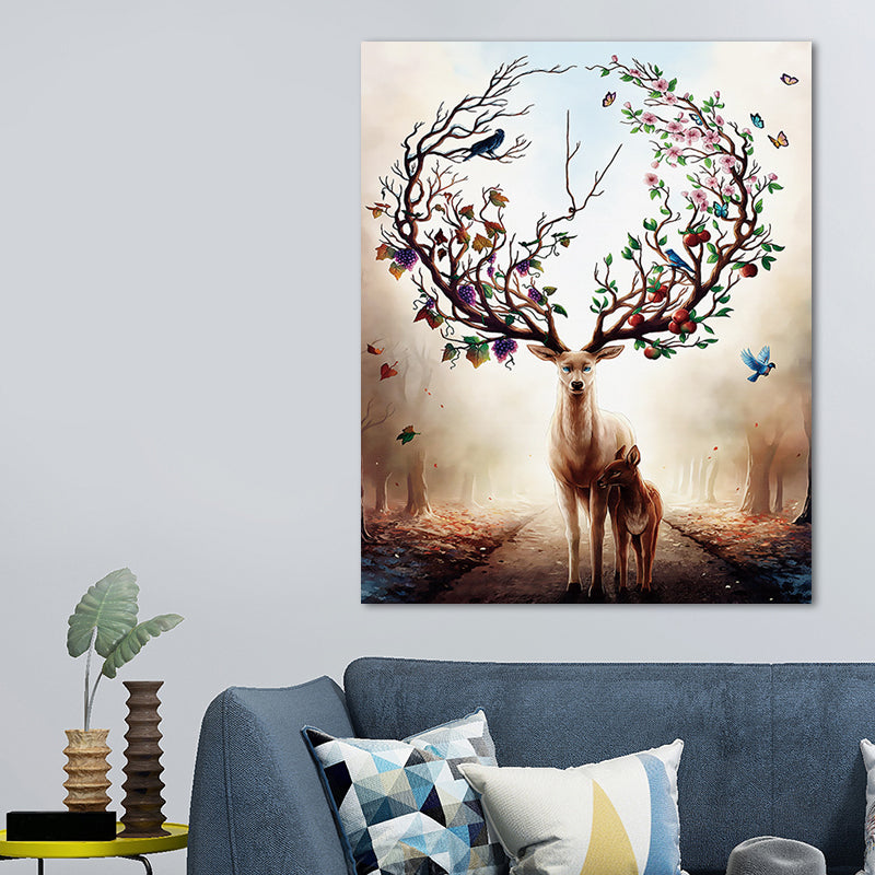 Elk Canvas Print Mediterranean Textured Wall Art Decor in Brown for Children Bedroom